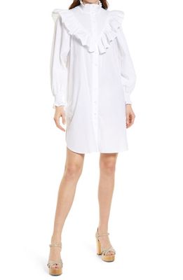French Connection Rhodes Ruffle Yoke Long Sleeve Cotton Shirtdress in Summer White