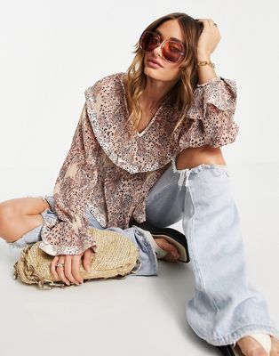 French Connection ruffle blouse in boho paisley print-Pink