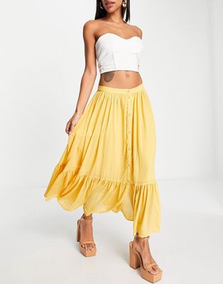 French Connection ruffle hem midi skirt in mustard-Yellow