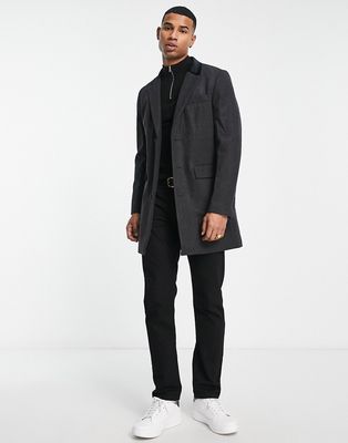 French Connection single breasted overcoat with velvet collar in charcoal-Gray