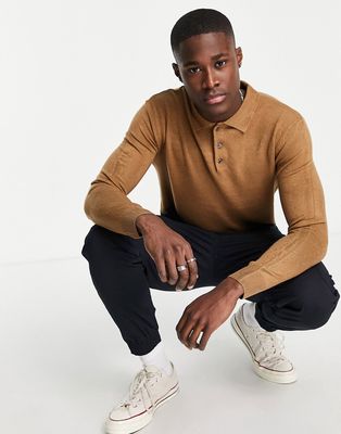 French Connection soft touch long sleeve knitted polo in camel-Neutral