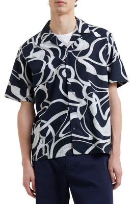 French Connection Swanpool Print Short Sleeve Camp Shirt in 40-Marine