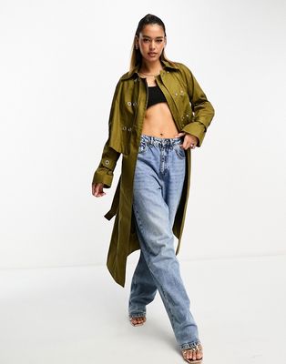 French Connection tie waist trench coat in ocher-Brown
