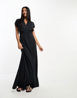 French Connection v-neck jersey maxi dress in black-Green