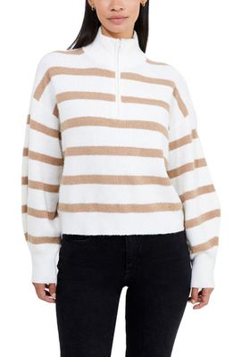 French Connection Vhari Stripe Half Zip Sweater in 92-Winter White-Camel