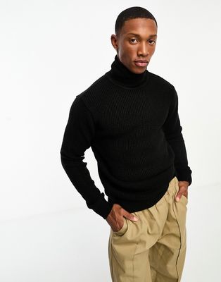French Connection waffle roll neck sweater in black