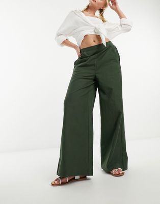 French Connection wide leg linen blend pants in olive-Green