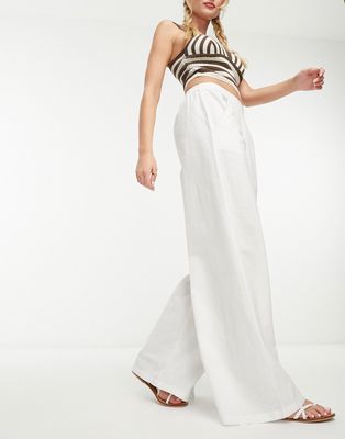 French Connection wide leg linen blend pants in white