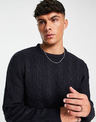 French Connection wool mix cable crew neck sweater in navy