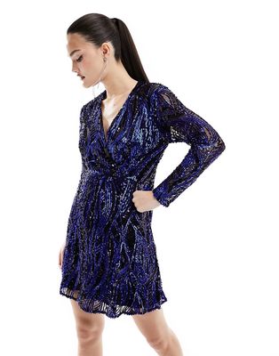 French Connection wrap front embellished mini dress in cobalt blue