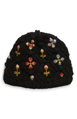 FRENCH KNOT Tilly Floral Embroidered Wool Knit Hat in Black