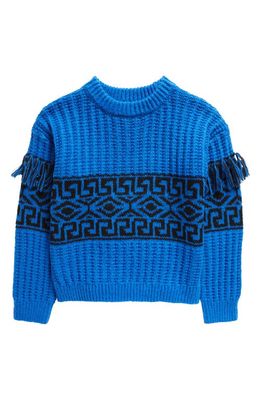 Freshman Kids' Fair Isle Fringe Accent Crewneck Sweater in Bright Blueberry