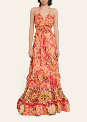 Freya Floral Silk Tie-Back Cutout Halter Maxi Dress