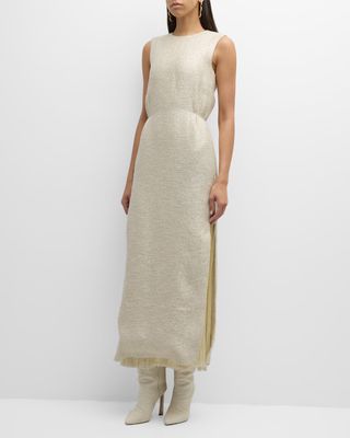 Fringe Side-Slit Metallic Tweed Sleeveless Maxi Dress