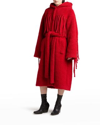 Fringe-Trim Belted Long Teddy Coat