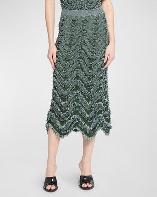 Fringed Waves Embroidered Midi Pull-On Skirt