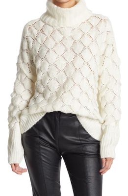 FRNCH Bubble Stitch Open Knit Turtleneck Sweater in White