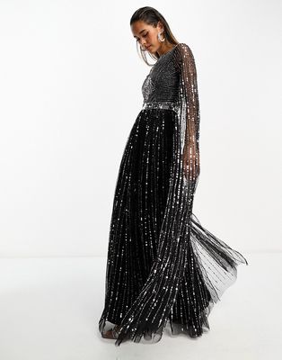 Frock and Frill allover embellished maxi dress with cape detail in black
