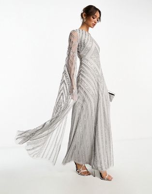 Frock and Frill allover embellished maxi dress with one shoulder cape detail in silver gray