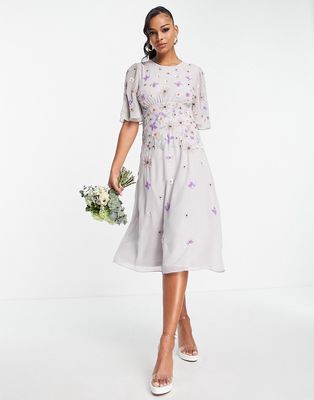 Frock and Frill Bridesmaid mini dress with floral embellished detail in lilac-Pink