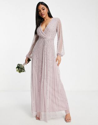 Frock and Frill Bridesmaid plunge front maxi with embellishment in dusty mauve-Purple