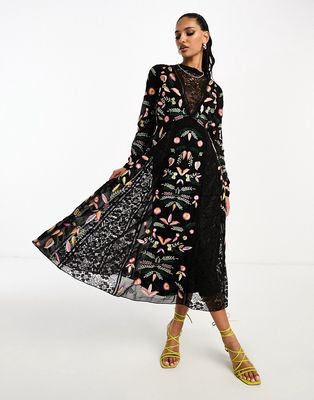 Frock and Frill embroidered maxi dress in black