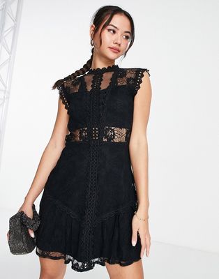 Frock and Frill lace detail mini dress with flippy hem in black