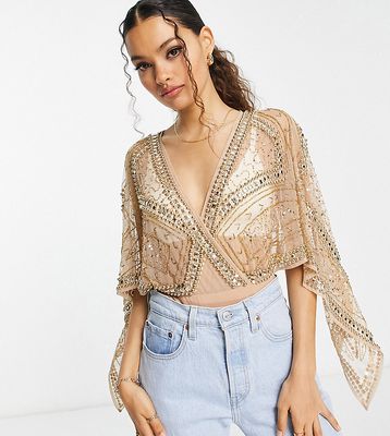 Frock and Frill Petite premium embellished kimono sleeve bodysuit in gold