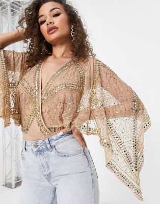 Frock and Frill premium embellished kimono sleeve bodysuit in gold
