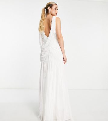 Frock and Frill Tall all over embellished maxi dress with cowl back in ivory-White