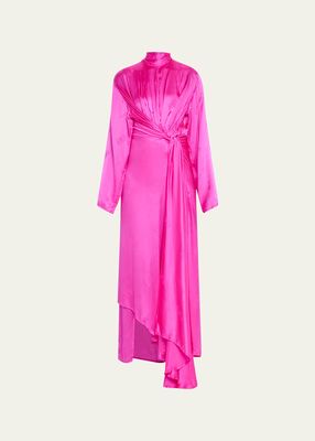 Front Drape BB Scarf-Neck Silk Dress, Pink