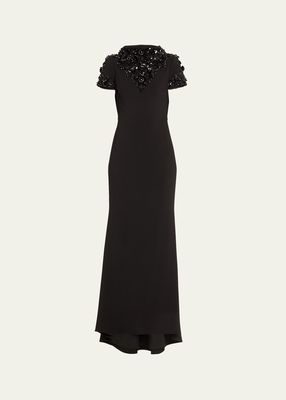 Funnel-Neck Bead & Sequin-Embellished Gown