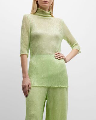 Funnel-Neck Short-Sleeve Pleated Sequin Mesh Top