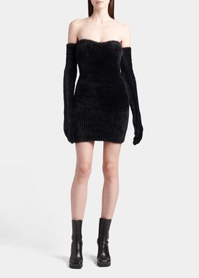 Fuzzy Body-Con Mini Dress with Attached Gloves