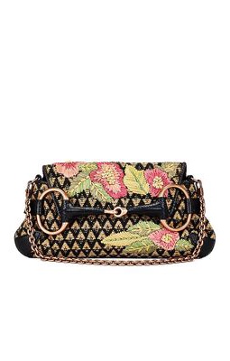FWRD Renew Gucci Floral Soho Horsebit Chain Clutch Bag in Black.