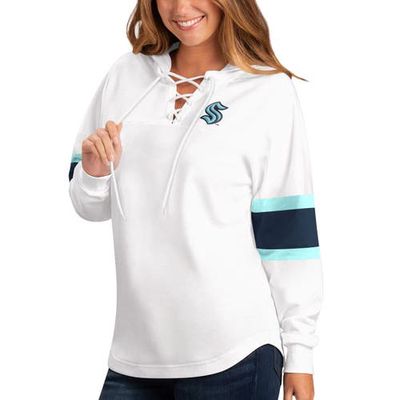 G-III SPORTS BY CARL BANKS Women's G-III 4Her by Carl Banks White Seattle Kraken Game Plan Lace-Up Long Sleeve Hoodie T-Shirt