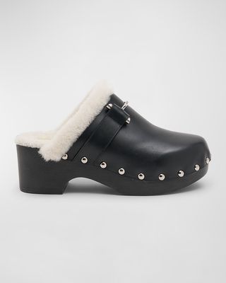 G Leather Shearling Slide Clogs