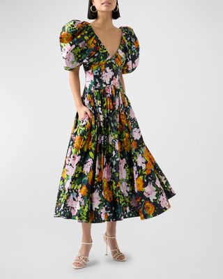Gabrielle Plunge Puff-Sleeve Fit & Flare Midi Dress