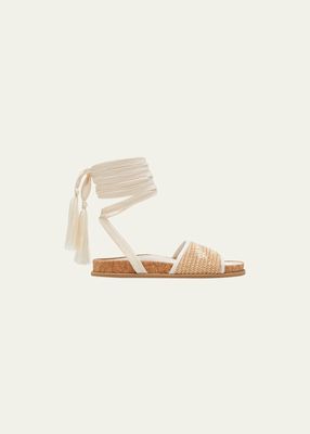 Gal Embroidered Raffia Ankle-Wrap Sandals
