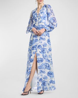 Galina Dotted Floral-Print Chiffon Maxi Dress