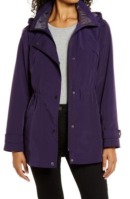 Gallery Cinched Waist Hooded Water Resistant Raincoat in Purple Shadow 