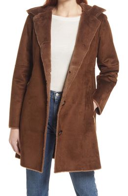 Gallery Hooded Faux Suede & Faux Shearling A-Line Coat in Brown 