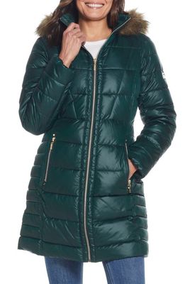 Gallery Hooded Puffer Coat with Faux Fur Trim in Dark Hunter