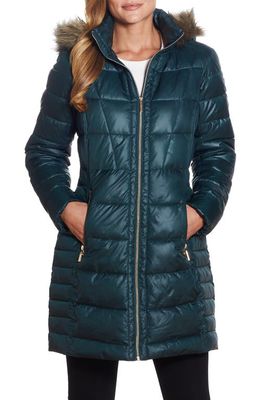 Gallery Hooded Puffer Coat with Faux Fur Trim in Green Gable