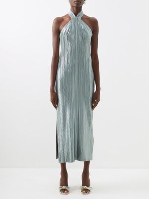 Galvan - Panarea Halterneck Plissé-velvet Dress - Womens - Silver Blue