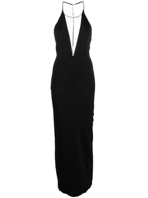Galvan plunge sheer-panel halterneck gown - Black