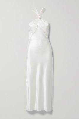 Galvan - Santorini Draped Satin Halterneck Gown - White