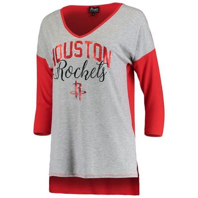 GAMEDAY COUTURE Women's Heathered Gray Houston Rockets Meet Your Match Colorblock 3/4-Sleeve Tri-Blend V-Neck T-Shirt in Heather Gray