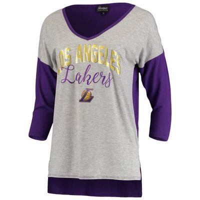 GAMEDAY COUTURE Women's Heathered Gray Los Angeles Lakers Meet Your Match Colorblock 3/4-Sleeve Tri-Blend V-Neck T-Shirt in Heather Gray at