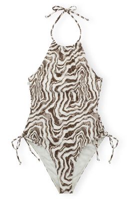 Ganni Animal Print Recycled Blend One-Piece Swimsuit in Egret